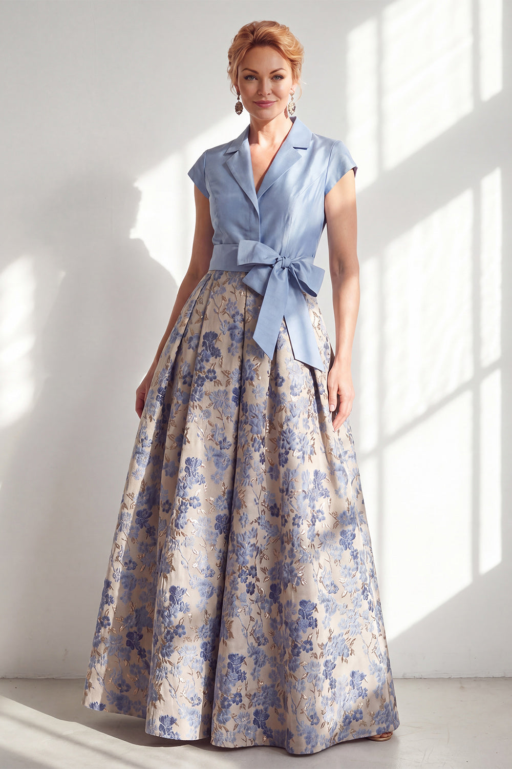 Navy Jacquard A Line Long Floral Mother of the Bride Dress with Bow