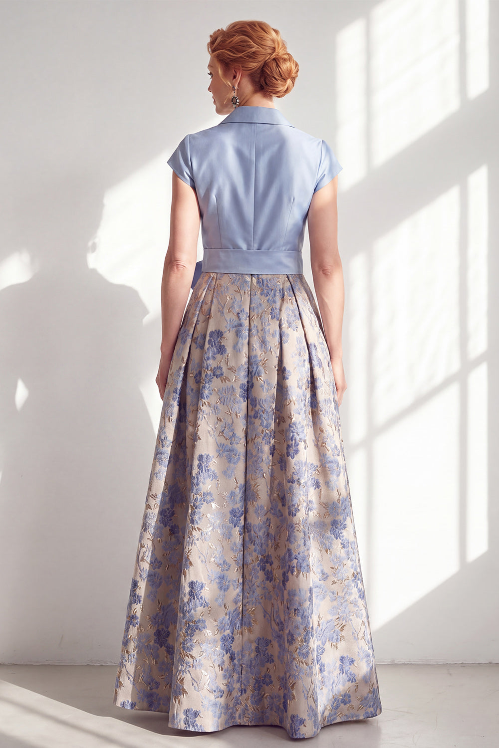 Navy Jacquard A Line Long Floral Mother of the Bride Dress with Bow