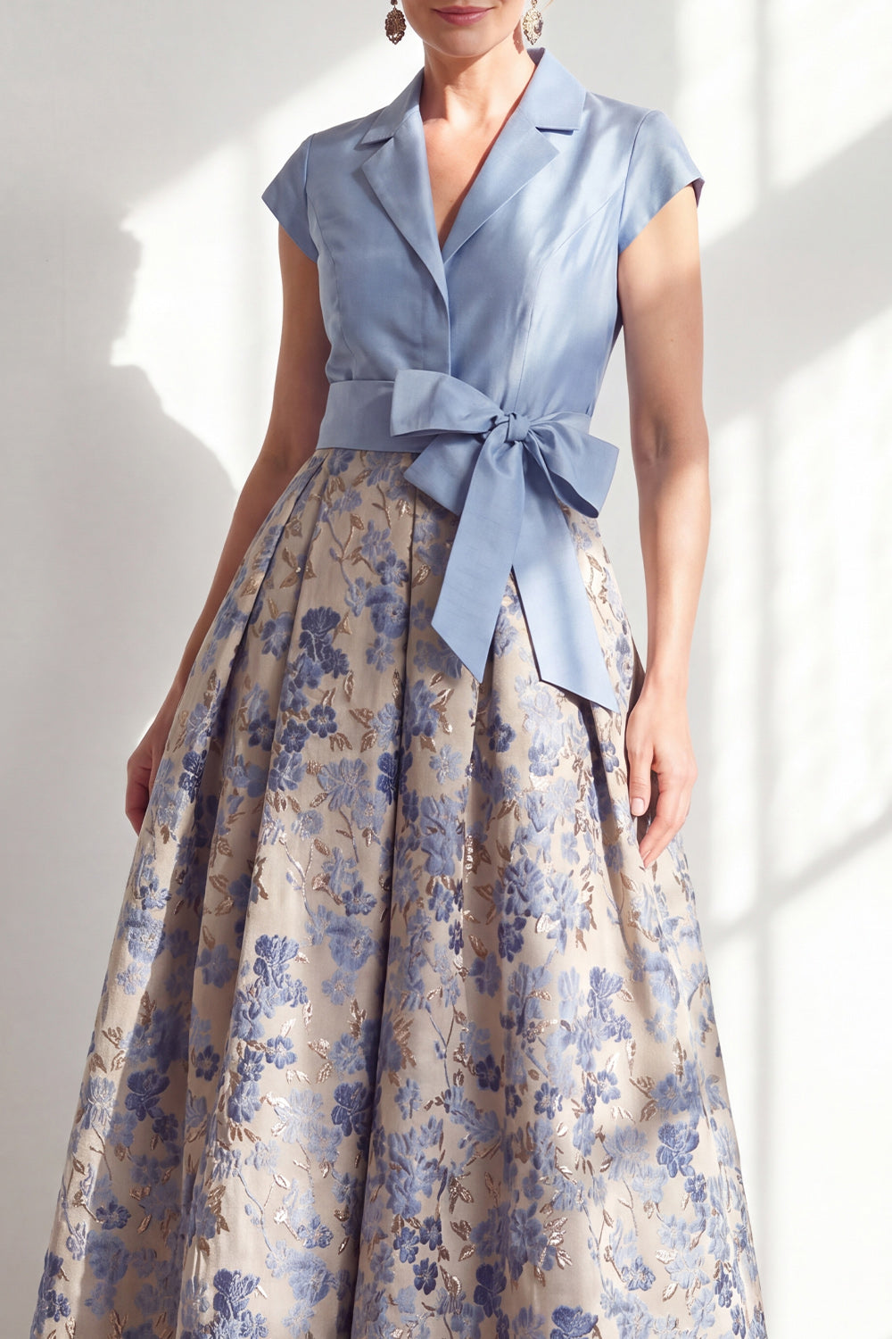 Navy Jacquard A Line Long Floral Mother of the Bride Dress with Bow