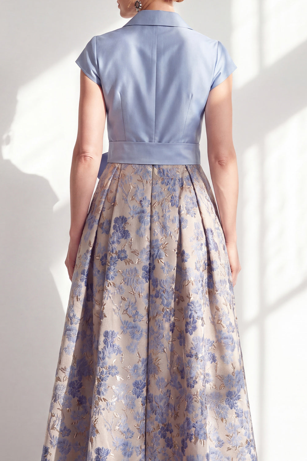 Navy Jacquard A Line Long Floral Mother of the Bride Dress with Bow