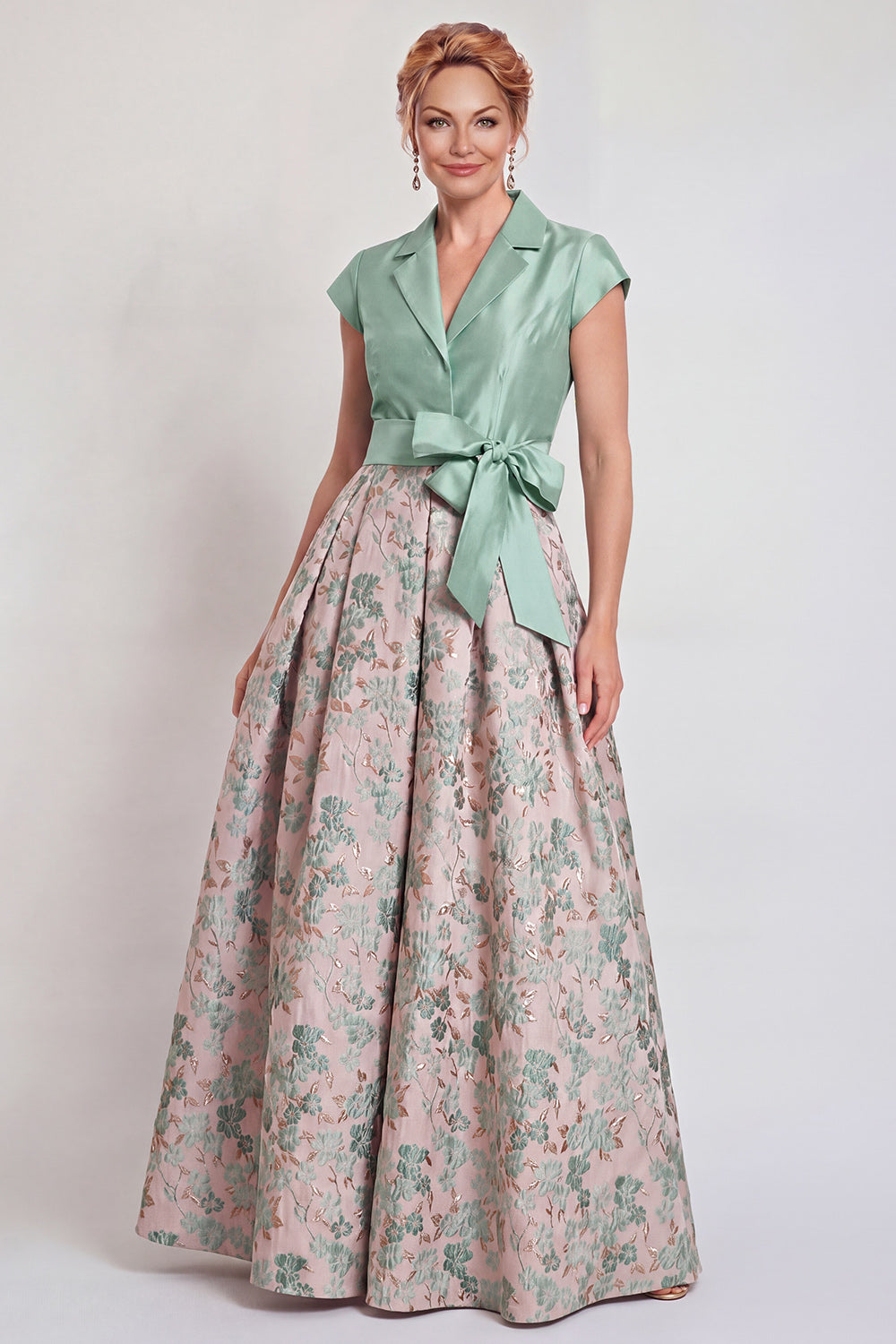 Navy Jacquard A Line Long Floral Mother of the Bride Dress with Bow