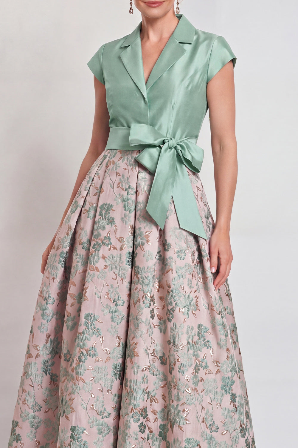 Navy Jacquard A Line Long Floral Mother of the Bride Dress with Bow