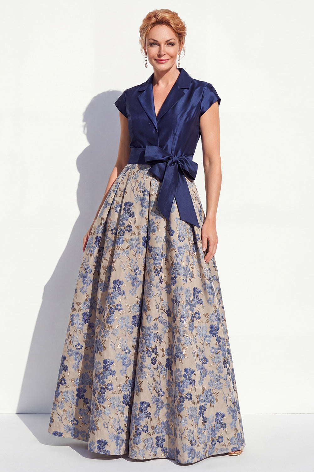 Navy Jacquard A Line Long Floral Mother of the Bride Dress with Bow
