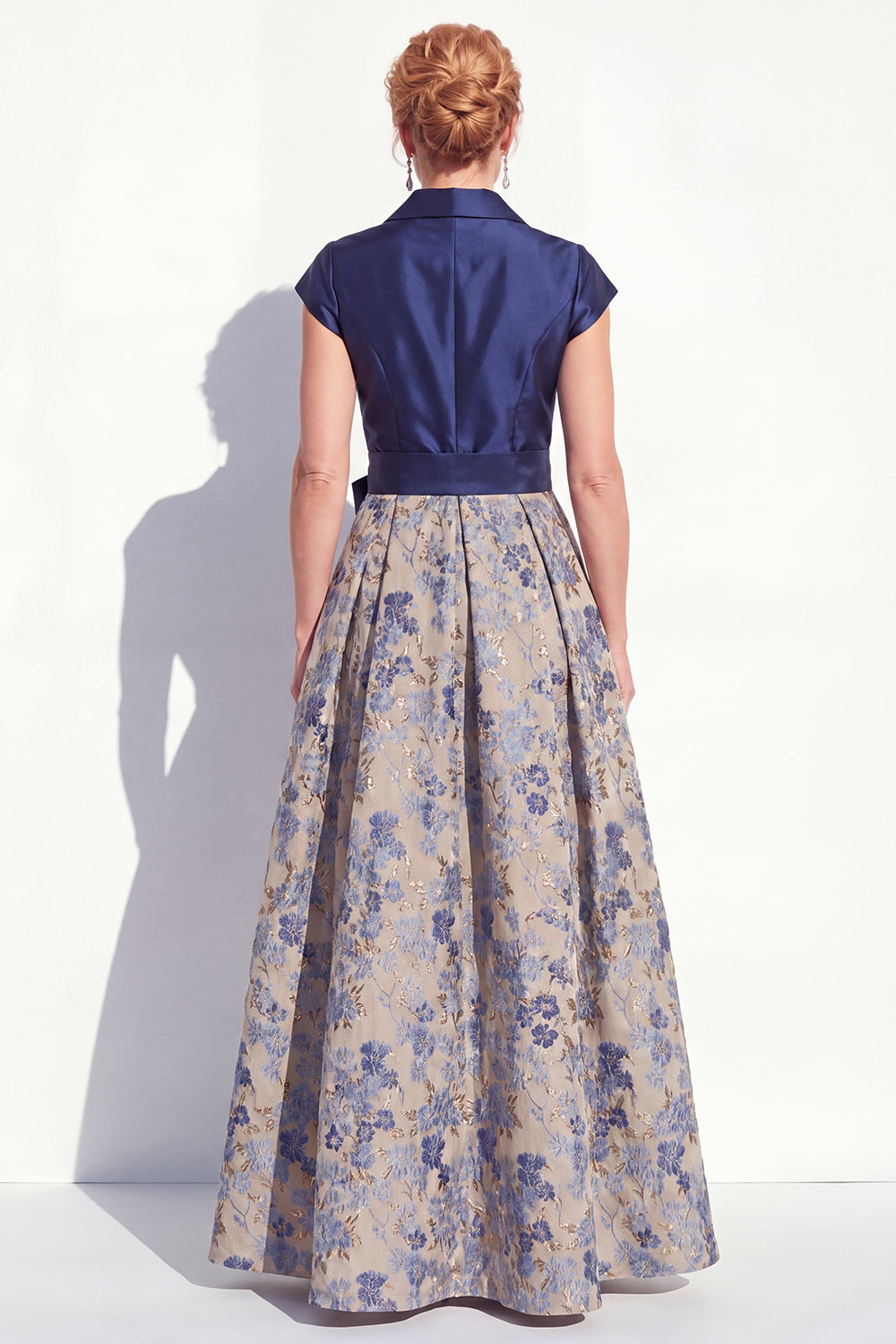 Navy Jacquard A Line Long Floral Mother of the Bride Dress with Bow