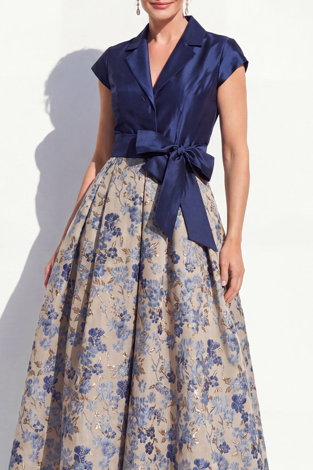 Navy Jacquard A Line Long Floral Mother of the Bride Dress with Bow