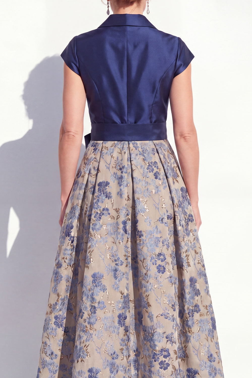 Navy Jacquard A Line Long Floral Mother of the Bride Dress with Bow