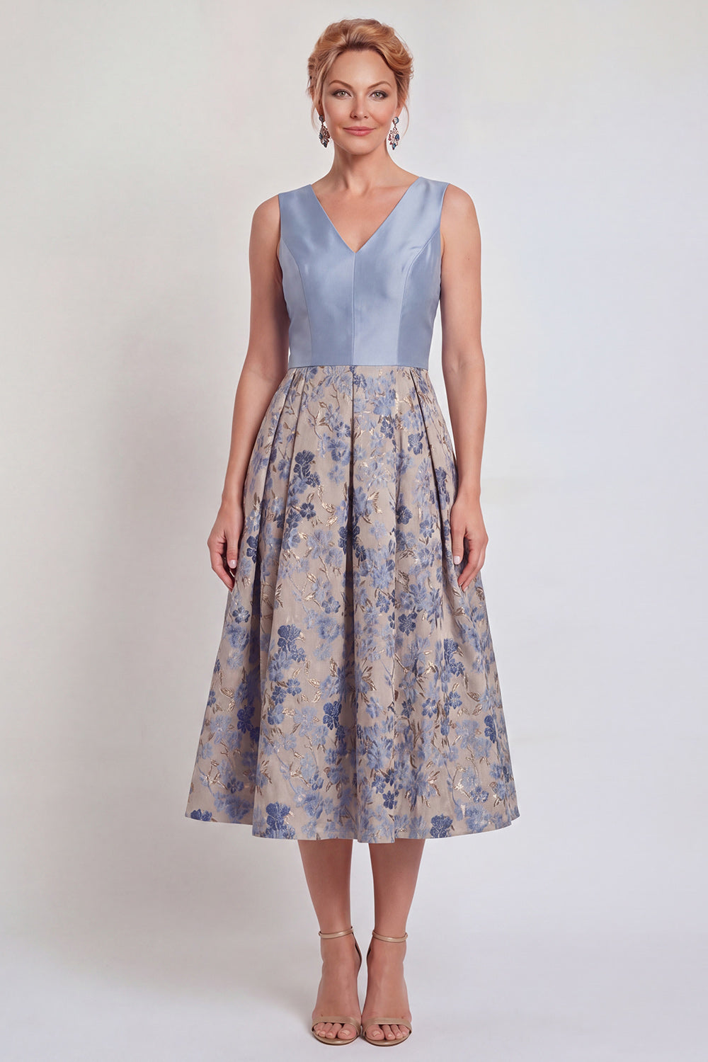 Navy V-Neck Maxi A Line Jacquard Floral Mother of the Bride Dress