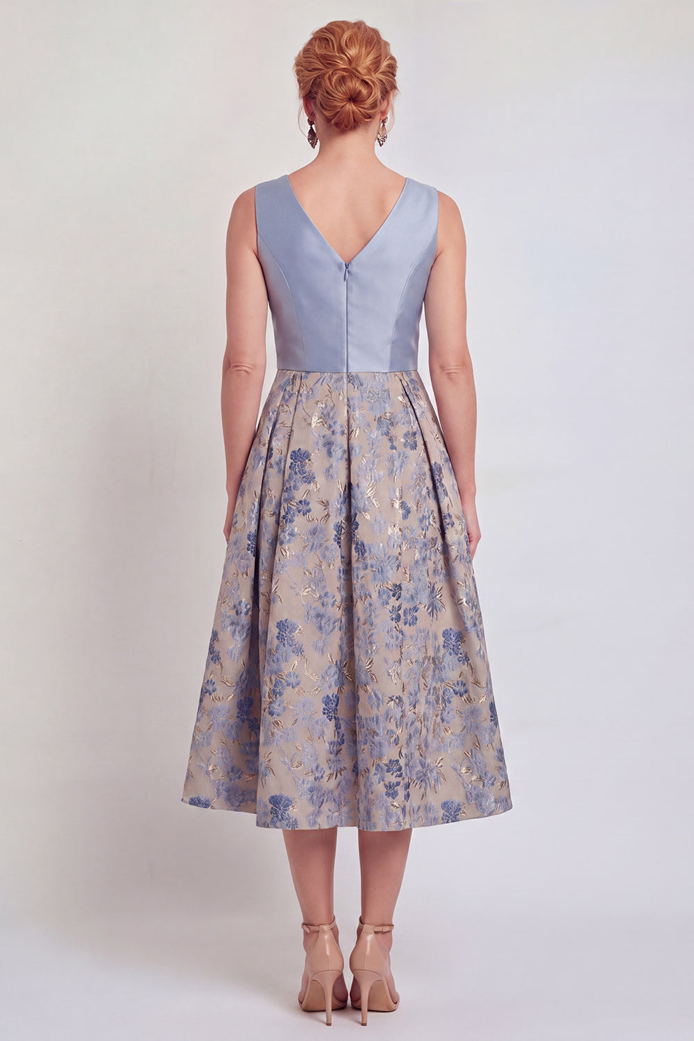 Navy V-Neck Maxi A Line Jacquard Floral Mother of the Bride Dress