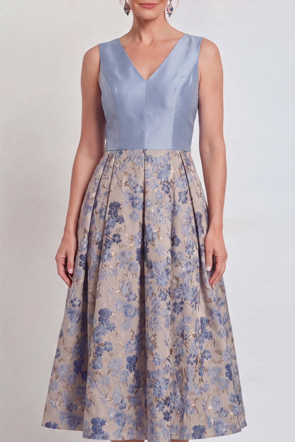 Navy V-Neck Maxi A Line Jacquard Floral Mother of the Bride Dress