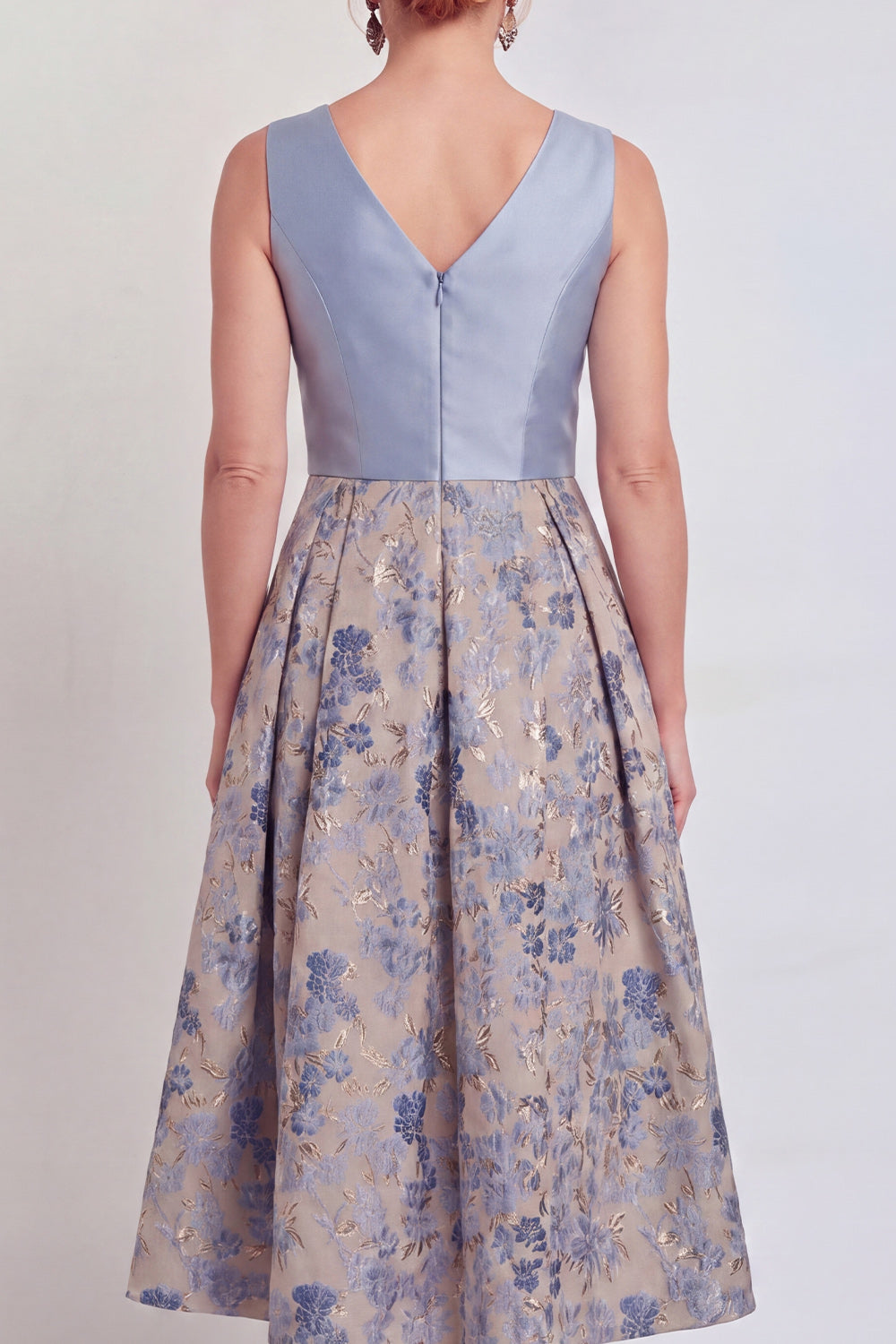 Navy V-Neck Maxi A Line Jacquard Floral Mother of the Bride Dress