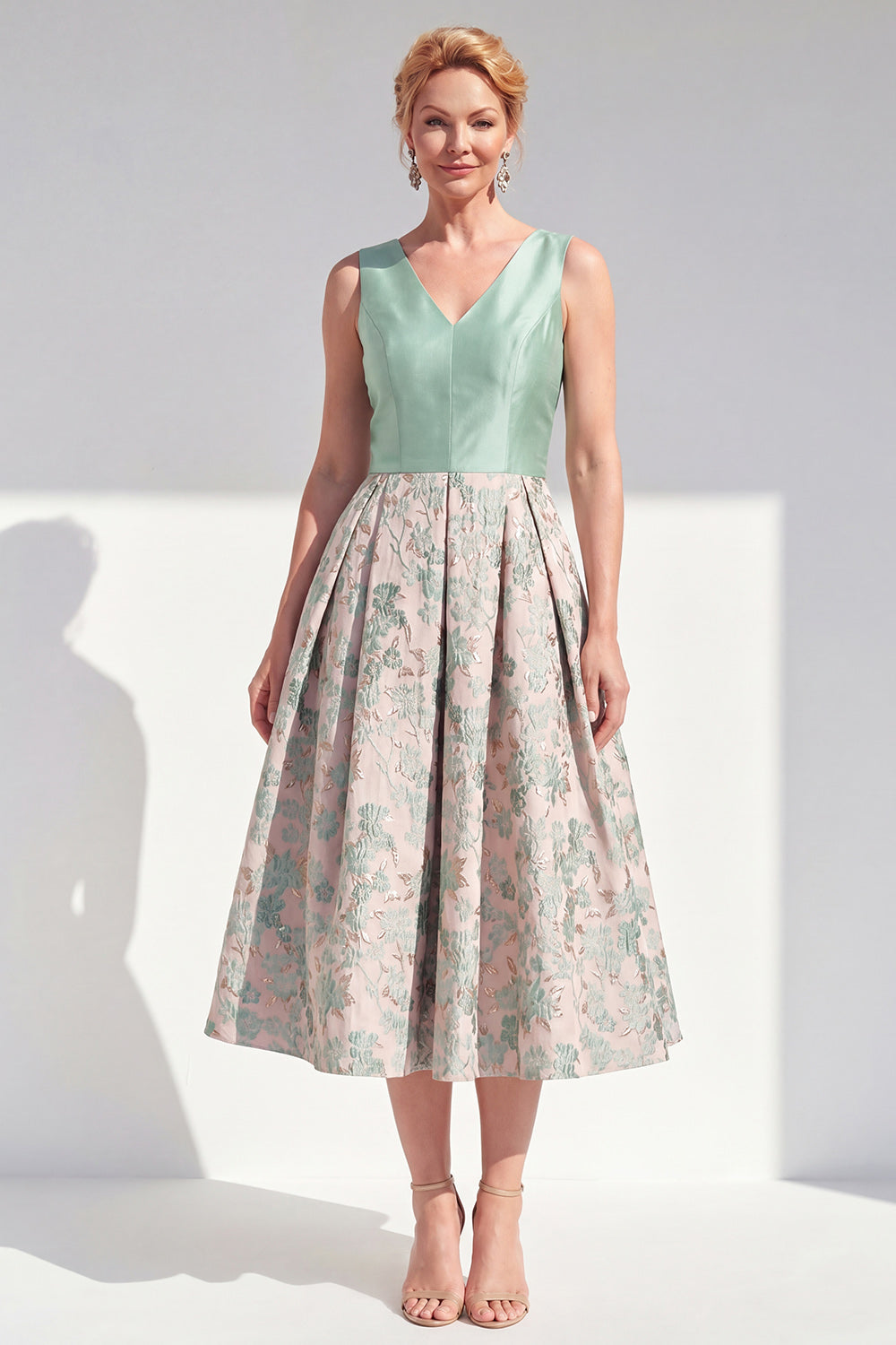 Navy V-Neck Maxi A Line Jacquard Floral Mother of the Bride Dress