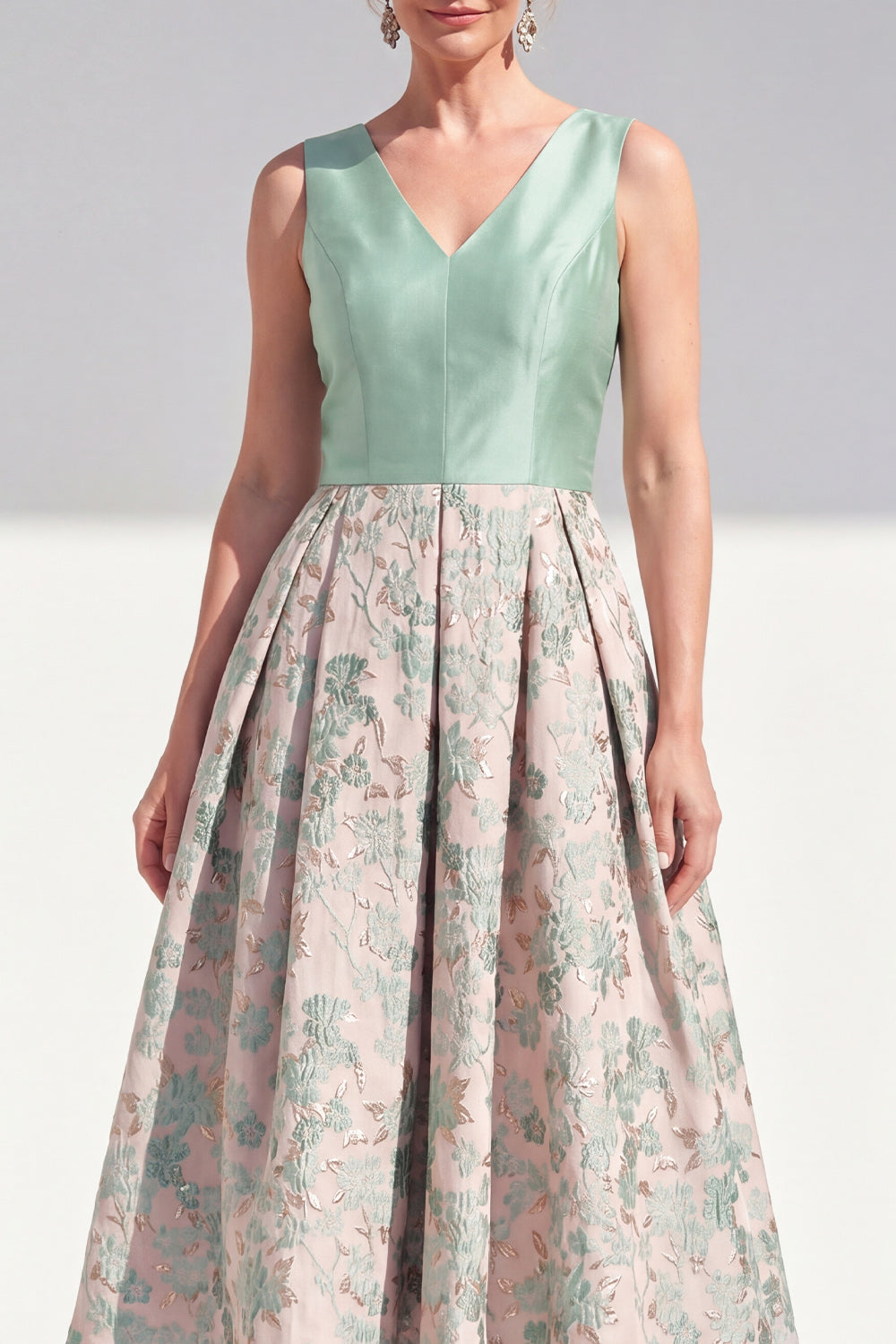 Navy V-Neck Maxi A Line Jacquard Floral Mother of the Bride Dress