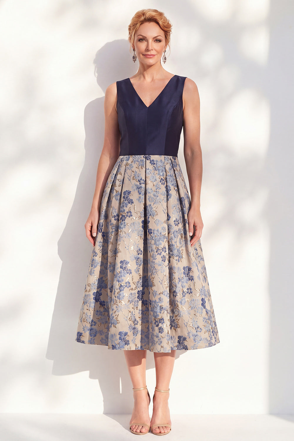 Navy V-Neck Maxi A Line Jacquard Floral Mother of the Bride Dress