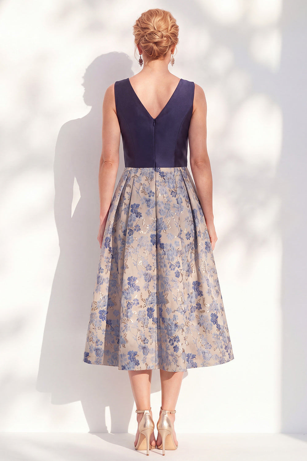 Navy V-Neck Maxi A Line Jacquard Floral Mother of the Bride Dress