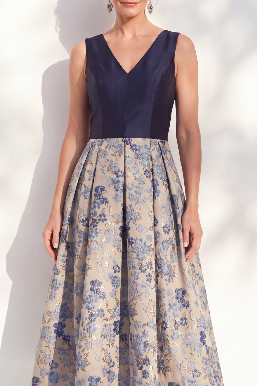 Navy V-Neck Maxi A Line Jacquard Floral Mother of the Bride Dress