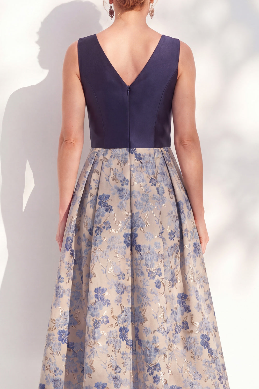 Navy V-Neck Maxi A Line Jacquard Floral Mother of the Bride Dress