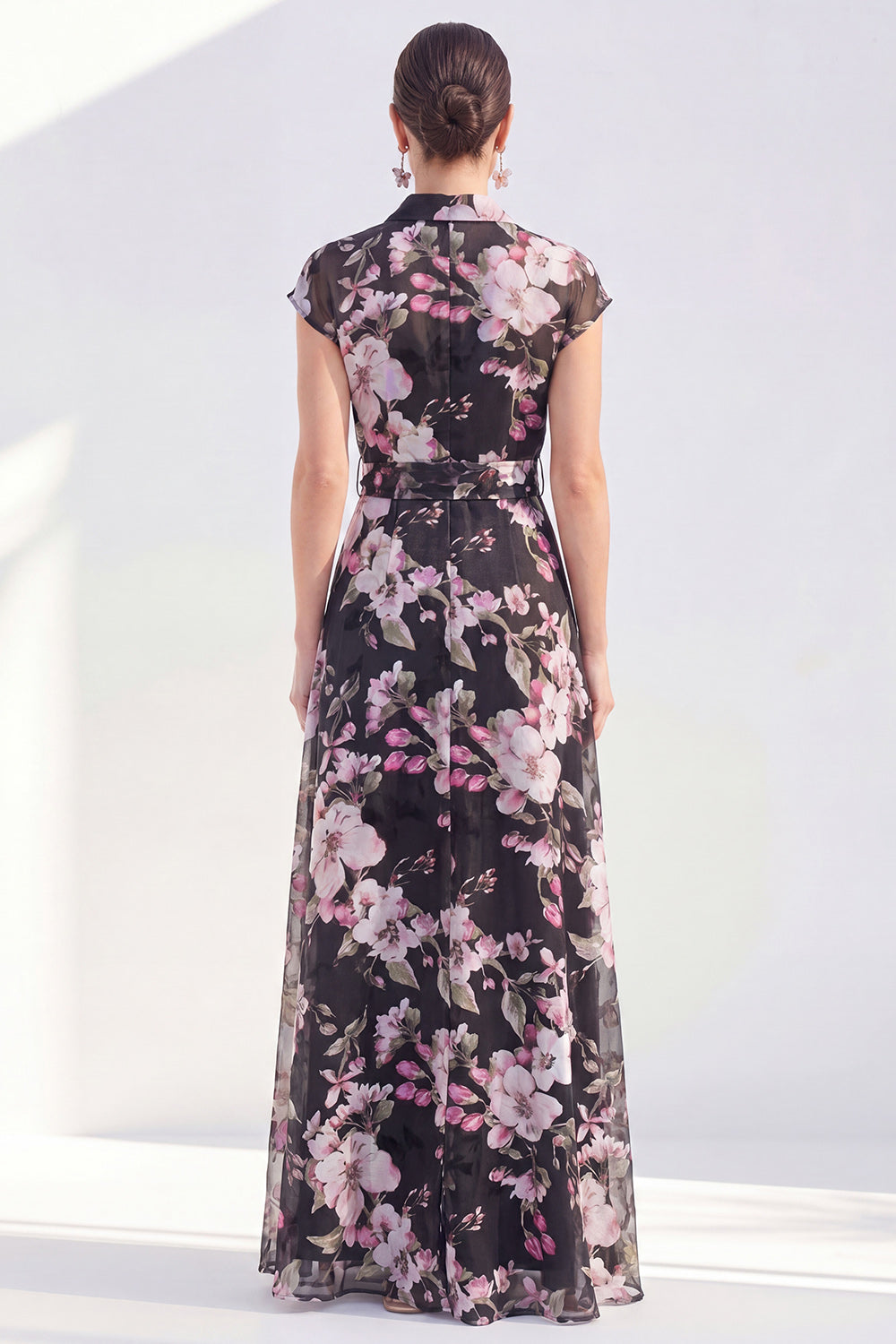 White Cap Sleeves A Line Long Floral Mother of the Bride Dress