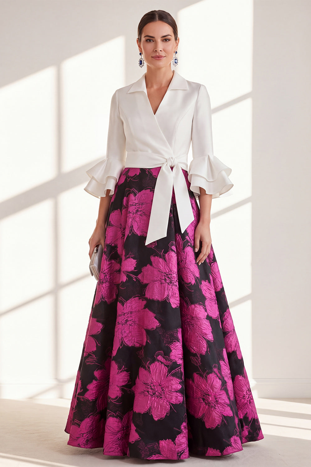 Pink Flower V-Neck A Line Long Mother of the Bride Dress with Ruffles