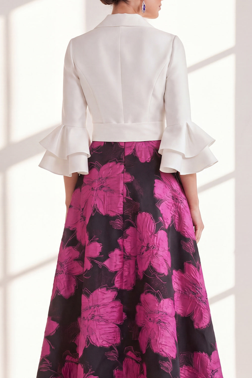 Pink Flower V-Neck A Line Long Mother of the Bride Dress with Ruffles