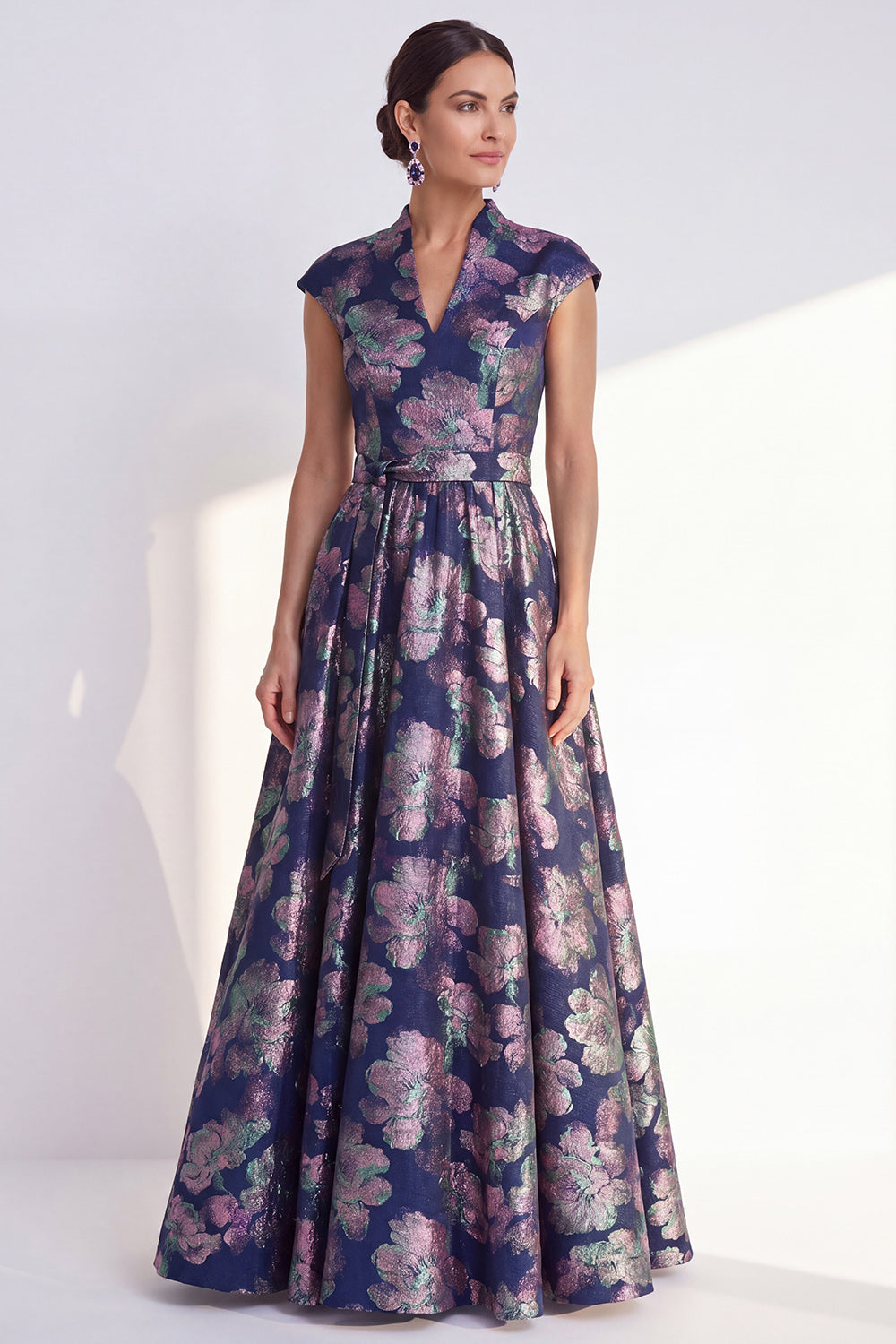 Navy Long Cap Sleeves A Line Jacquard Floral Mother of the Bride Dress