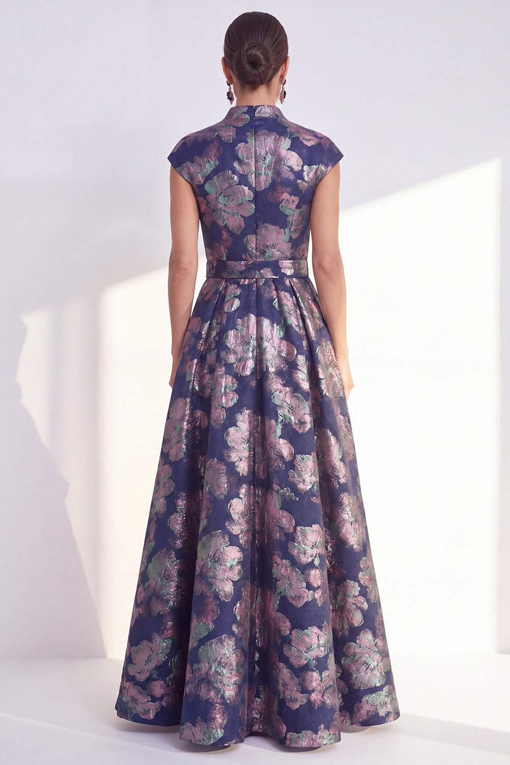 Navy Long Cap Sleeves A Line Jacquard Floral Mother of the Bride Dress