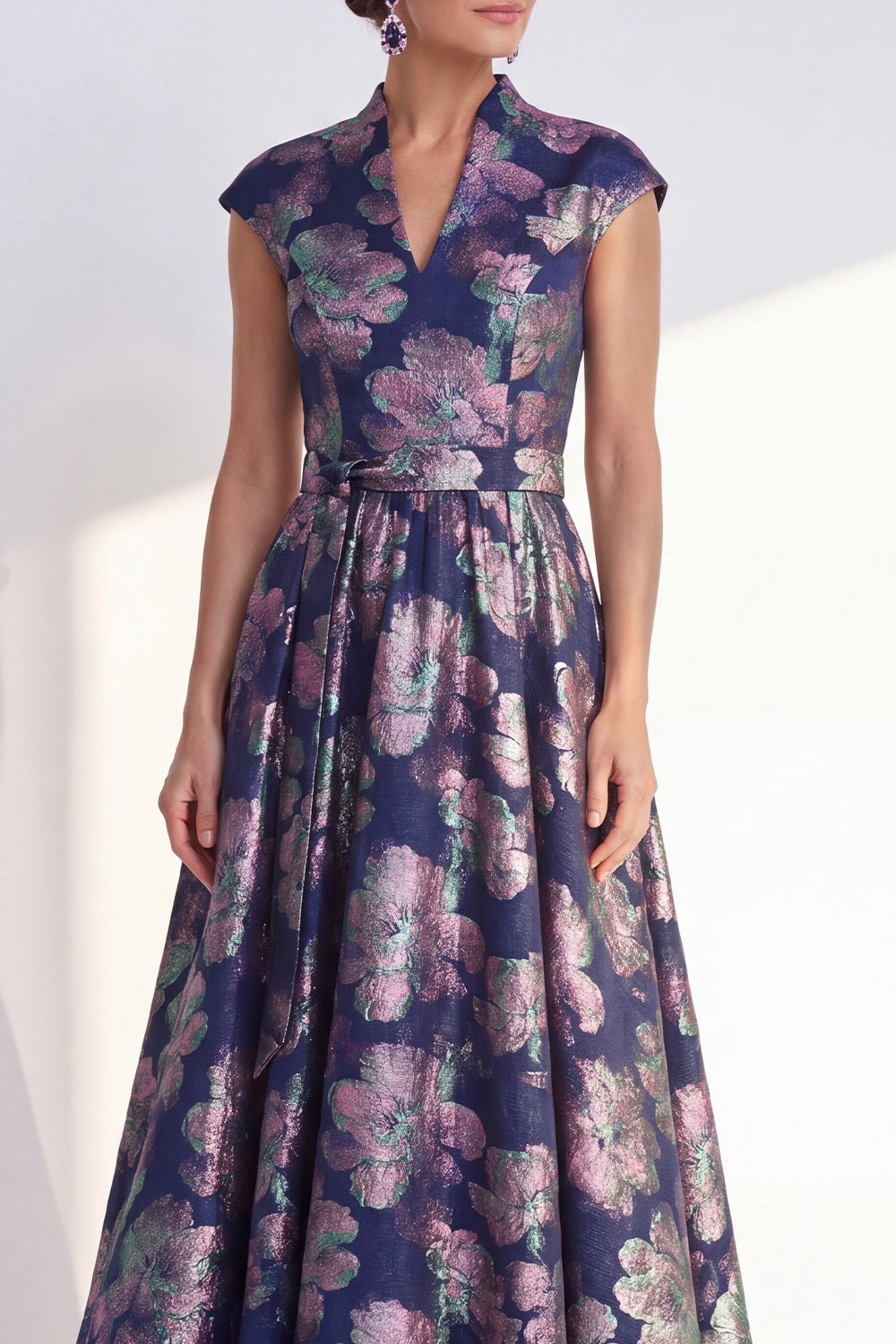 Navy Long Cap Sleeves A Line Jacquard Floral Mother of the Bride Dress