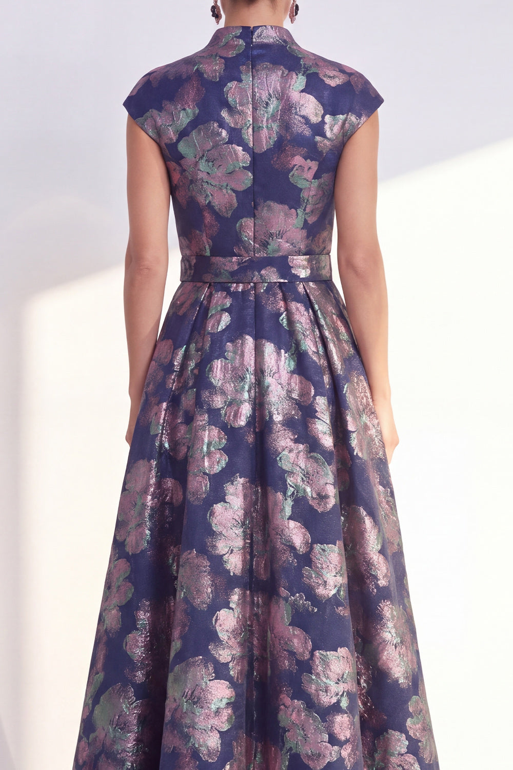Navy Long Cap Sleeves A Line Jacquard Floral Mother of the Bride Dress