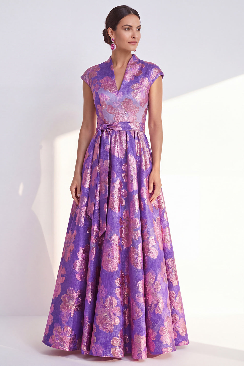Navy Long Cap Sleeves A Line Jacquard Floral Mother of the Bride Dress