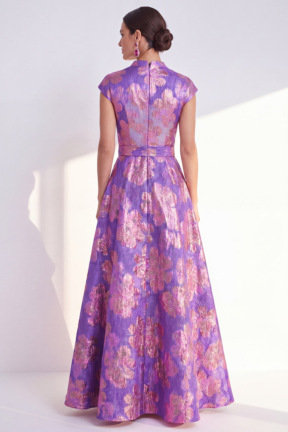 Navy Long Cap Sleeves A Line Jacquard Floral Mother of the Bride Dress