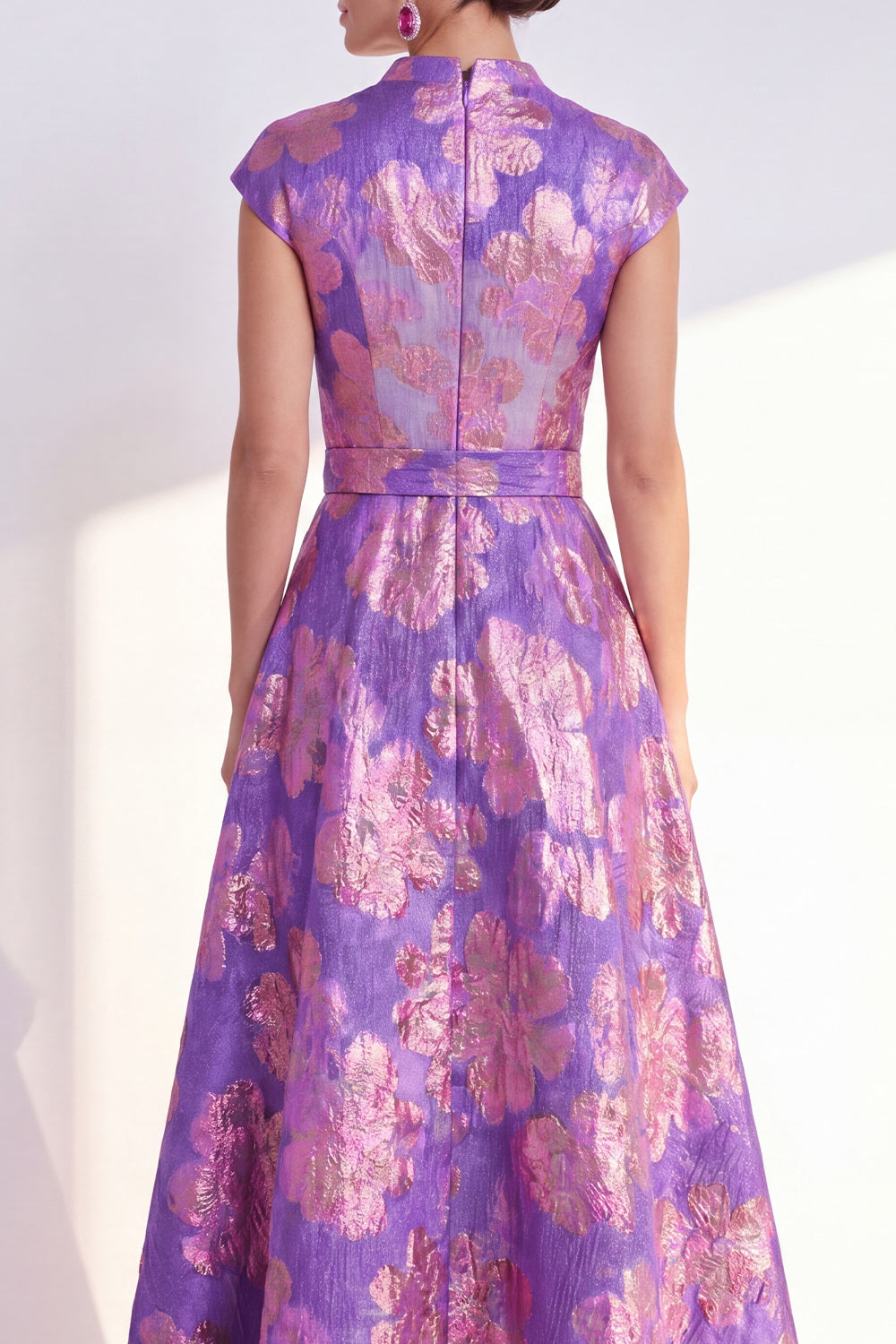 Navy Long Cap Sleeves A Line Jacquard Floral Mother of the Bride Dress