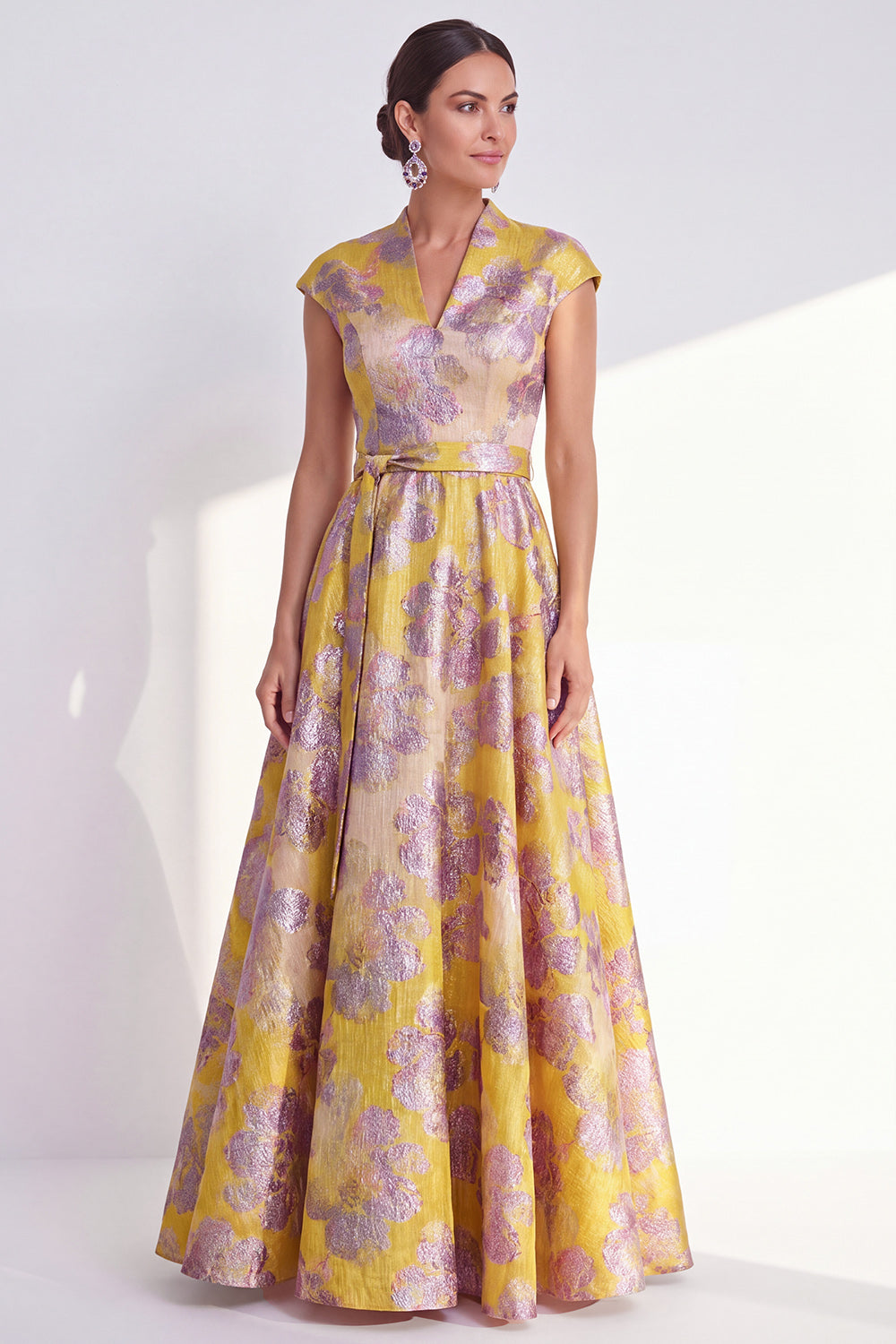 Navy Long Cap Sleeves A Line Jacquard Floral Mother of the Bride Dress
