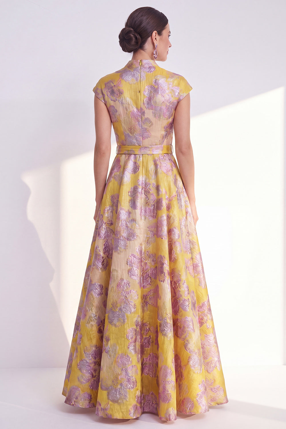 Navy Long Cap Sleeves A Line Jacquard Floral Mother of the Bride Dress