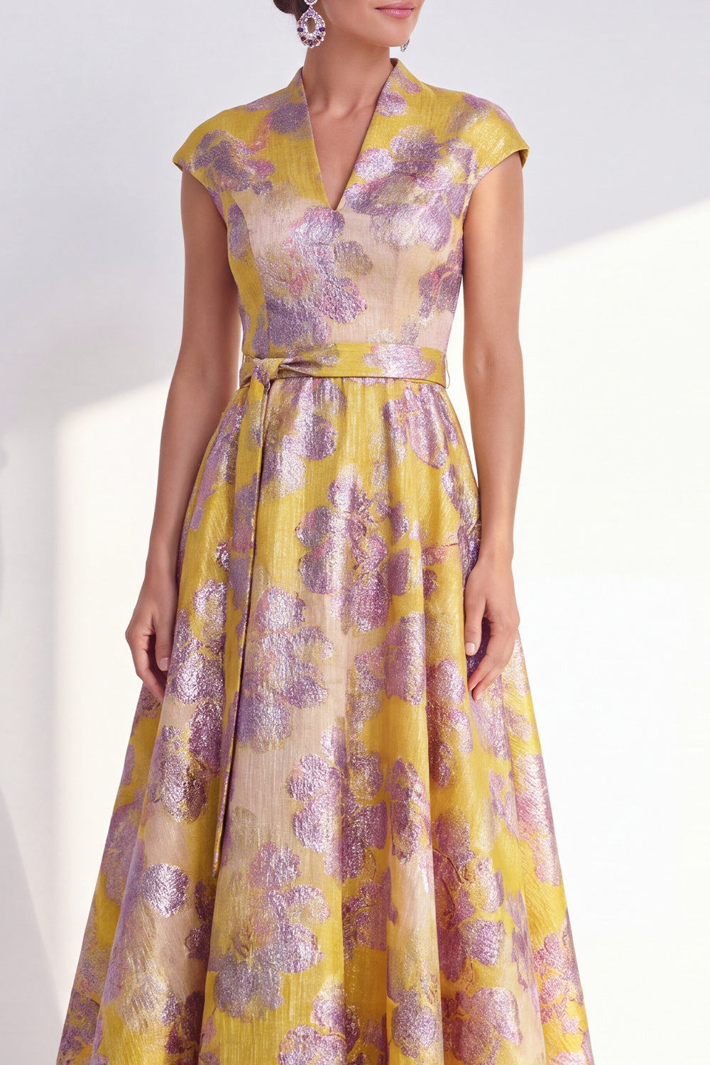 Navy Long Cap Sleeves A Line Jacquard Floral Mother of the Bride Dress