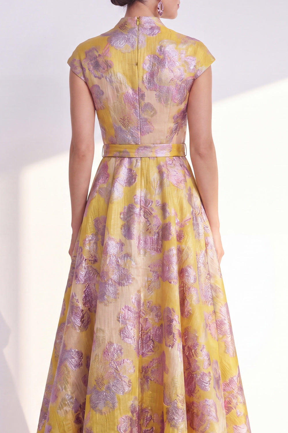 Navy Long Cap Sleeves A Line Jacquard Floral Mother of the Bride Dress