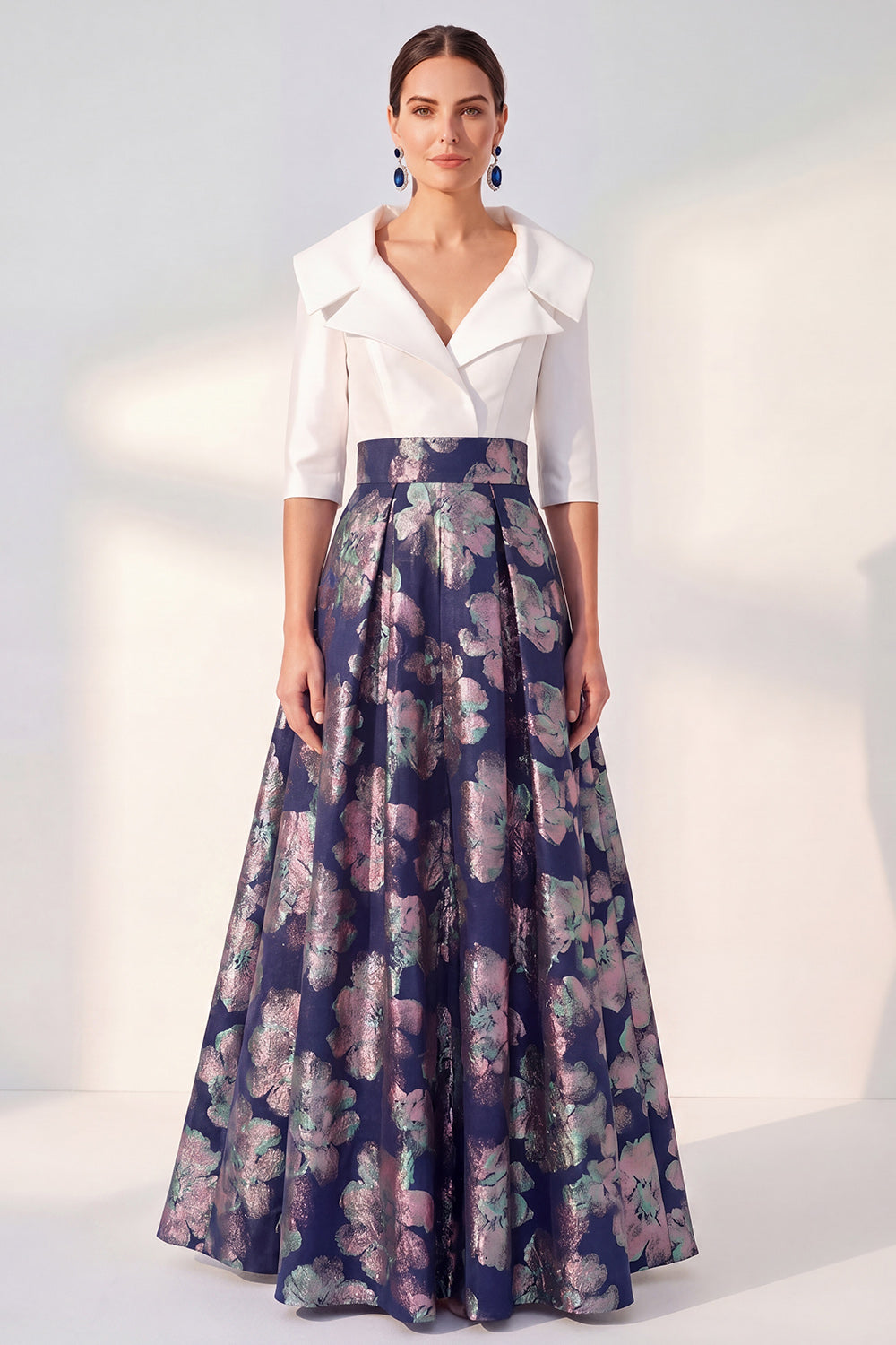 Navy Jacquard A Line Long 3/4 Sleeves Floral Mother of the Bride Dress