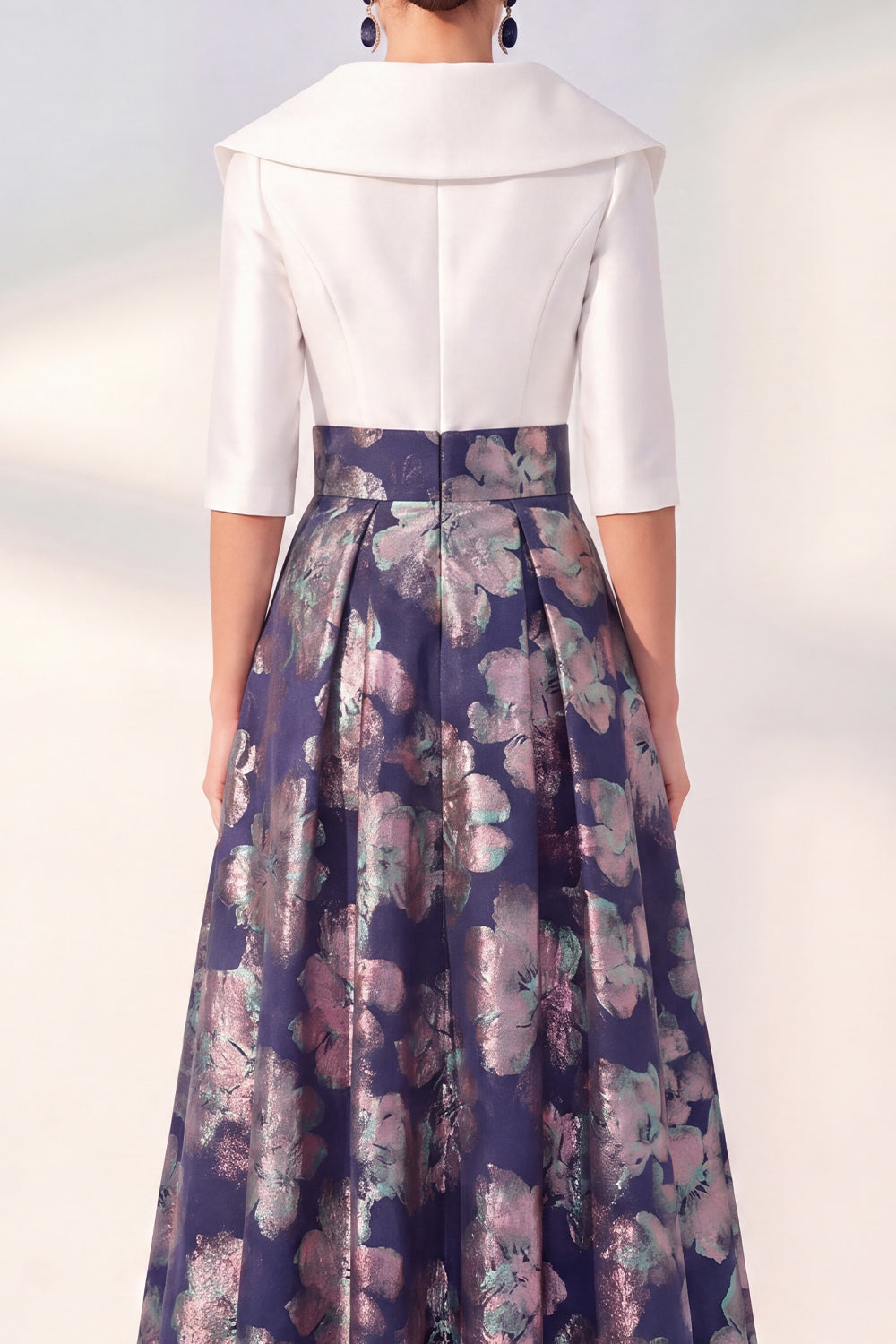 Navy Jacquard A Line Long 3/4 Sleeves Floral Mother of the Bride Dress