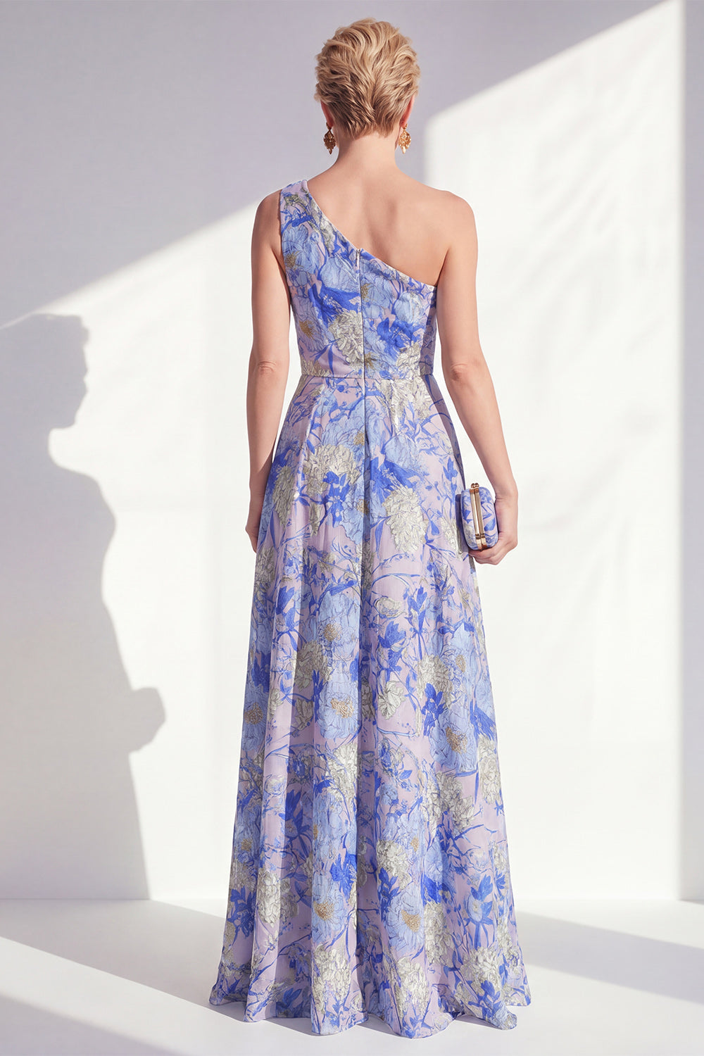Blue Ruffled A Line Floral Maxi Mother of the Bride Dress with Slit
