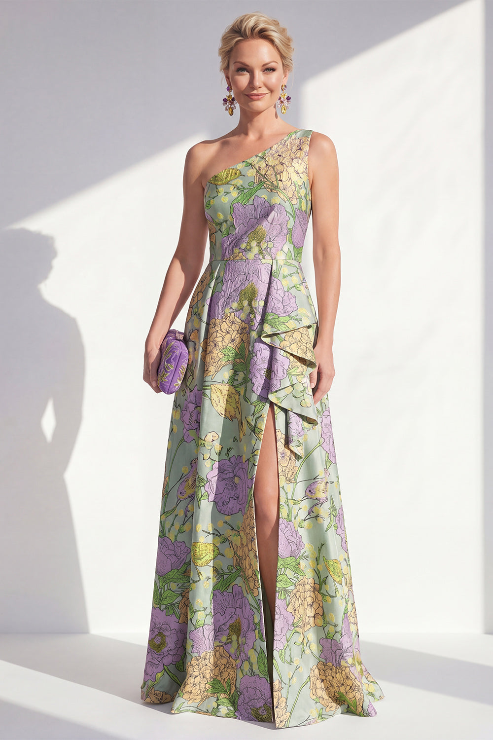 Blue Ruffled A Line Floral Maxi Mother of the Bride Dress with Slit