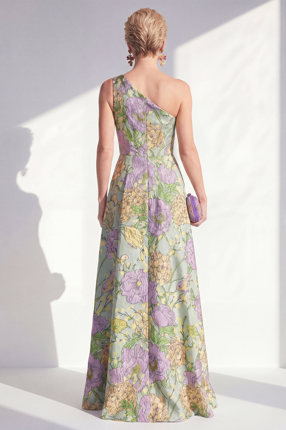 Blue Ruffled A Line Floral Maxi Mother of the Bride Dress with Slit