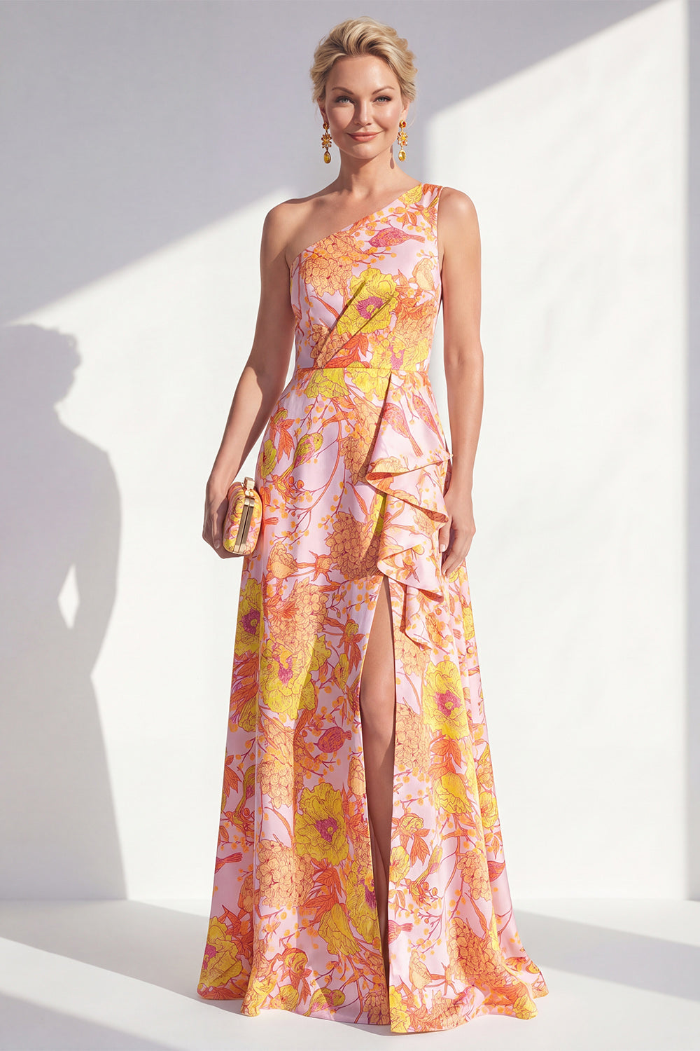 Blue Ruffled A Line Floral Maxi Mother of the Bride Dress with Slit