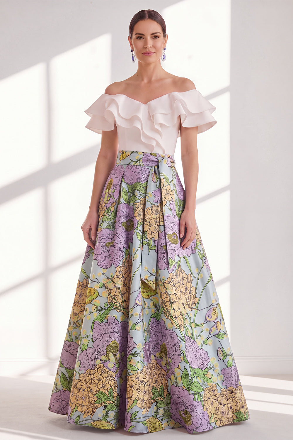 Pink Blue Flower A Line Long Mother of the Bride Dress with Ruffles