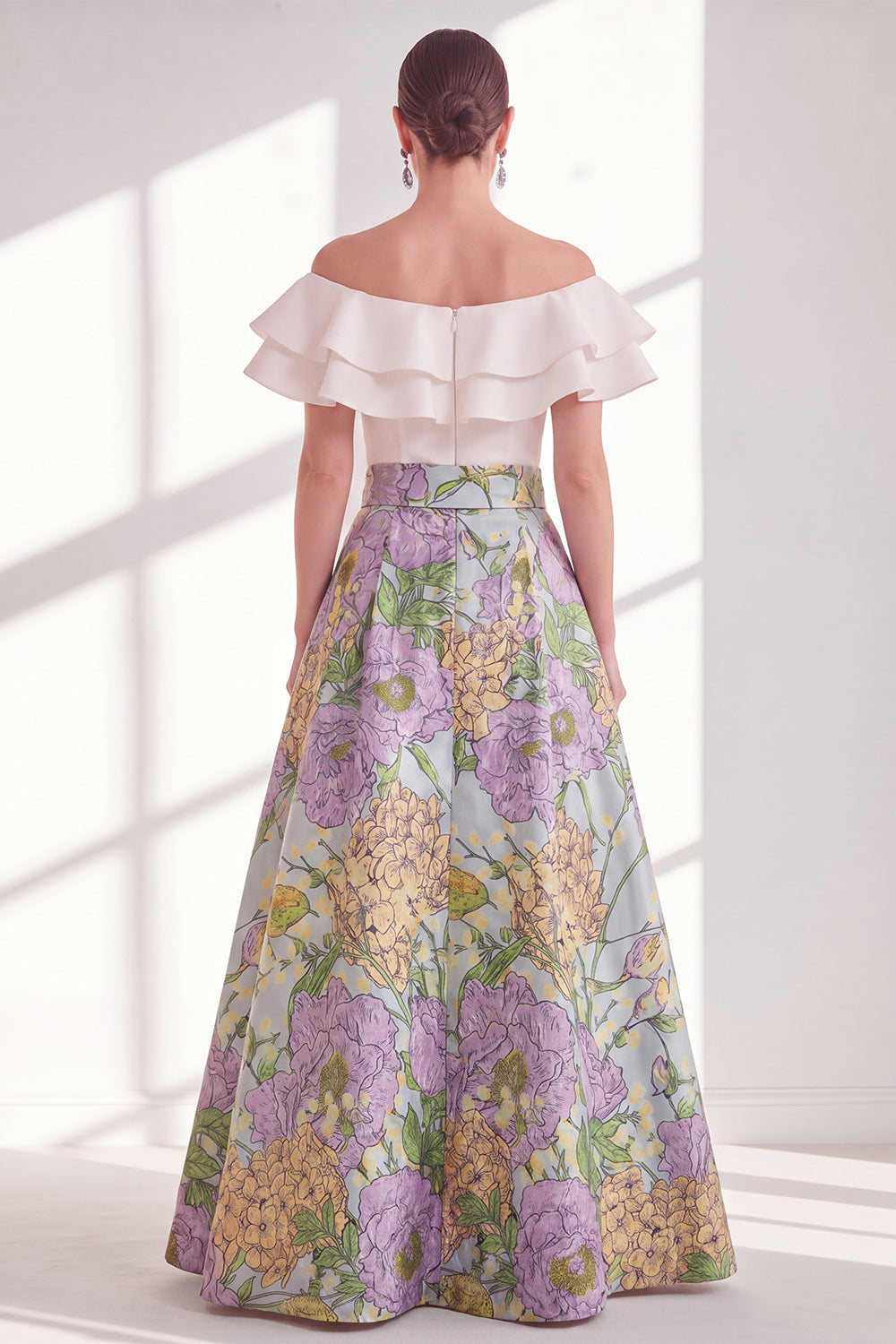 Pink Blue Flower A Line Long Mother of the Bride Dress with Ruffles