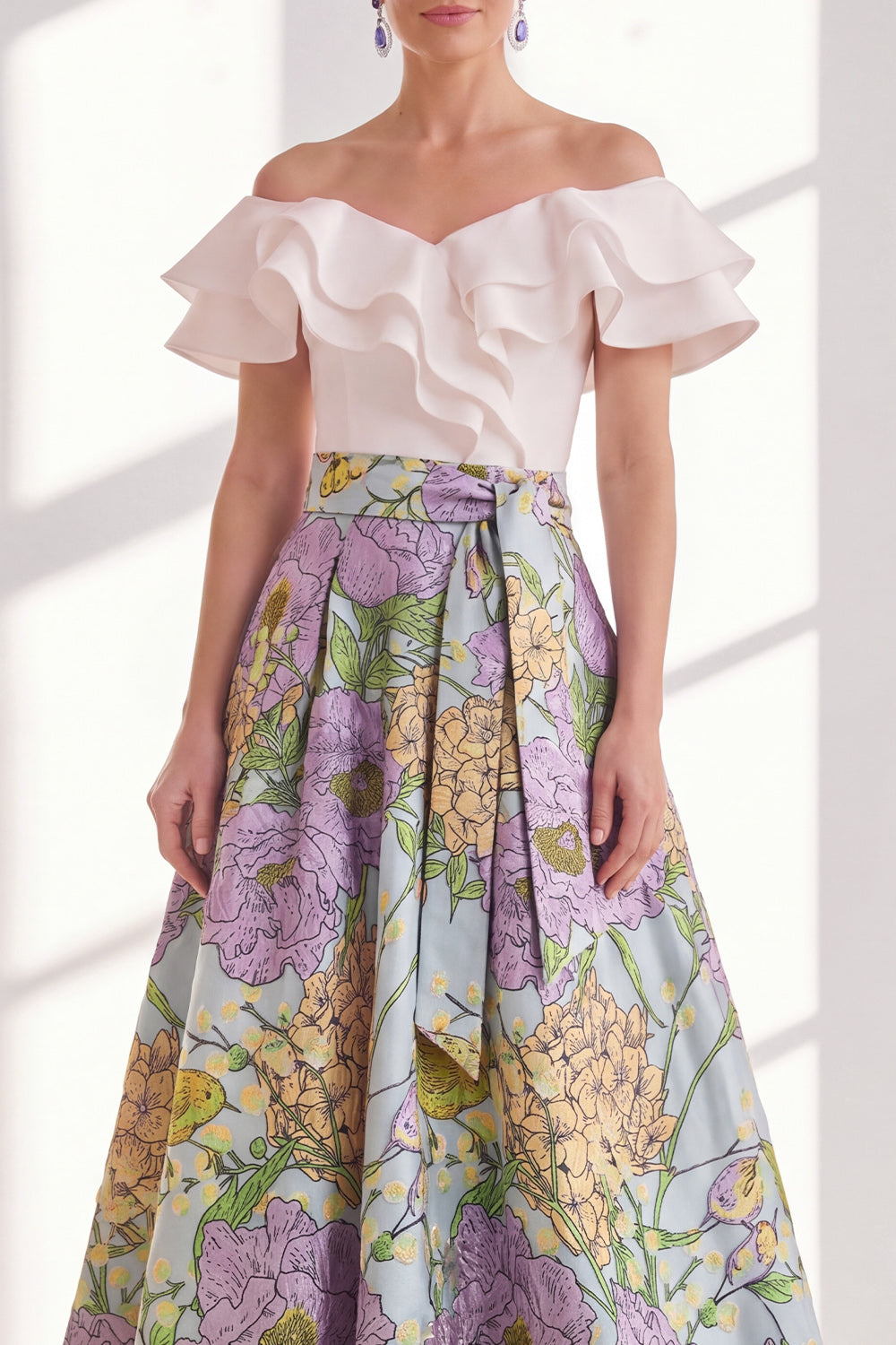 Pink Blue Flower A Line Long Mother of the Bride Dress with Ruffles