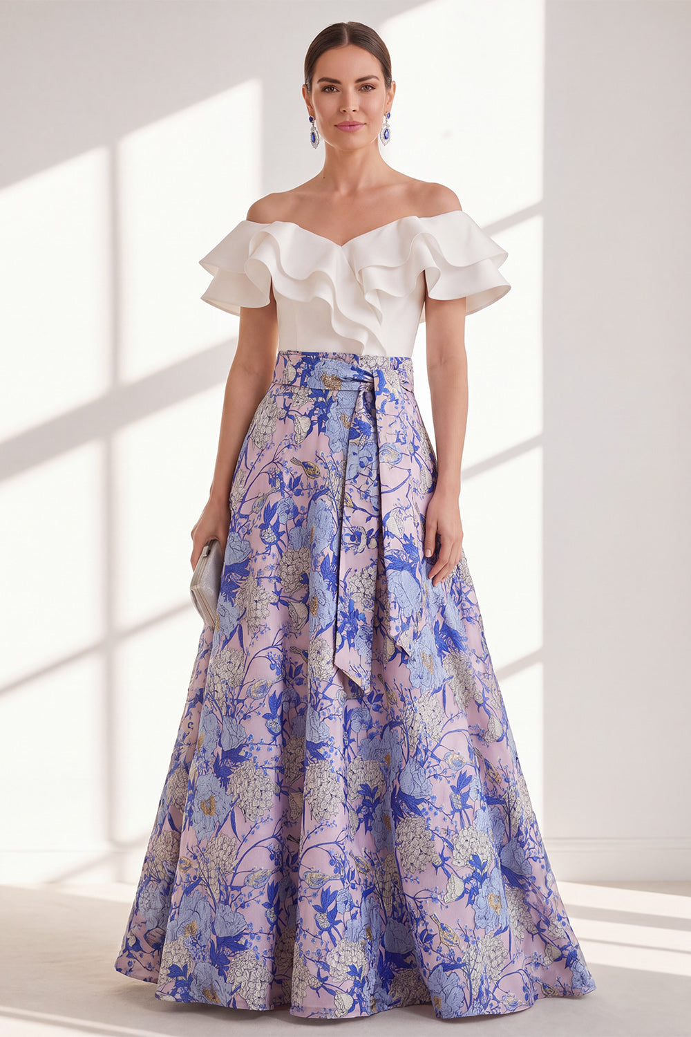 Pink Blue Flower A Line Long Mother of the Bride Dress with Ruffles
