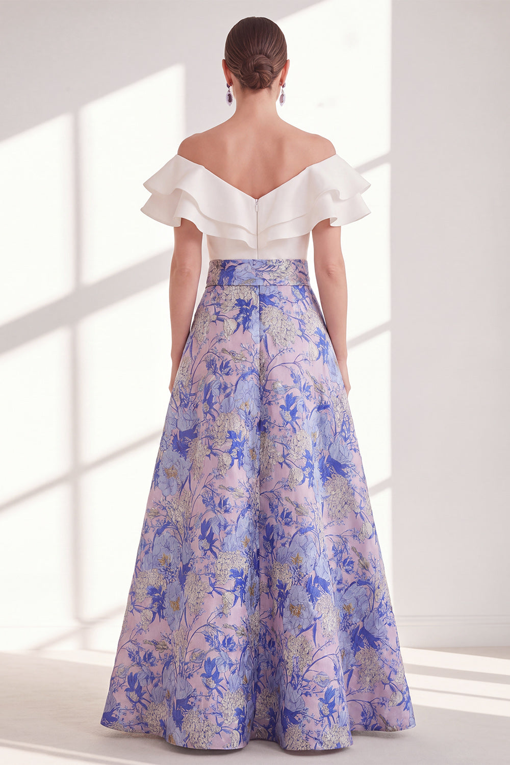 Pink Blue Flower A Line Long Mother of the Bride Dress with Ruffles