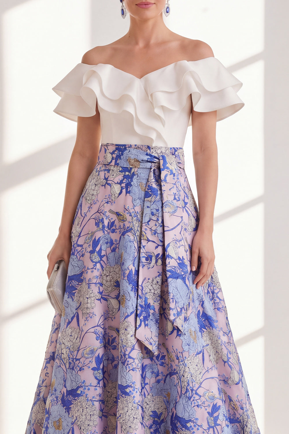 Pink Blue Flower A Line Long Mother of the Bride Dress with Ruffles