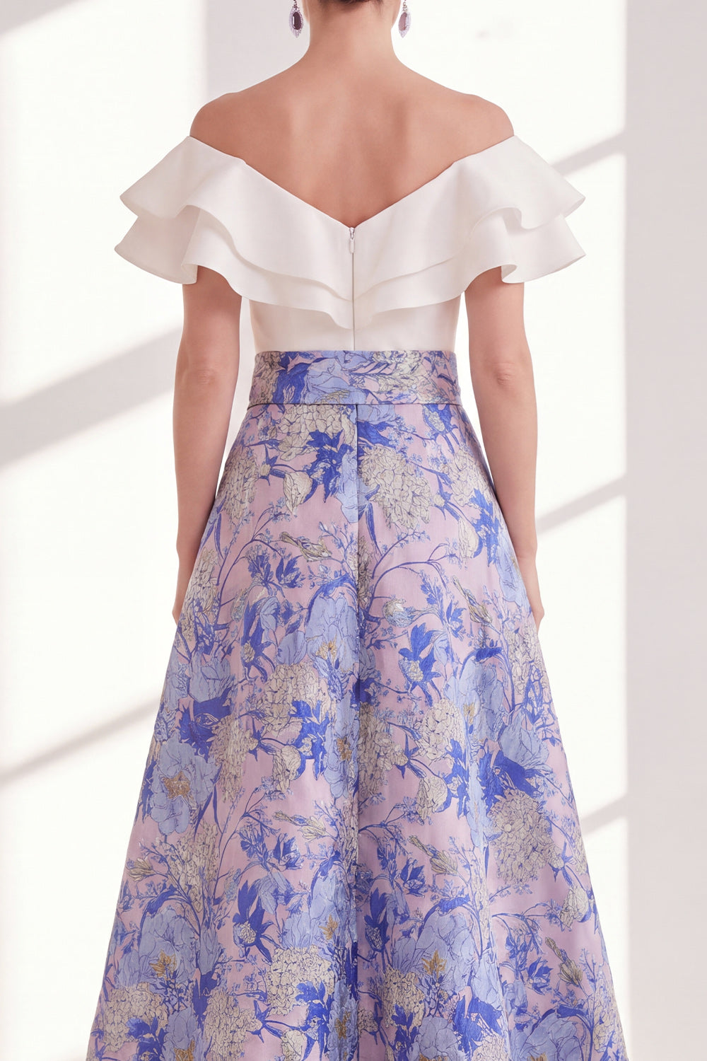 Pink Blue Flower A Line Long Mother of the Bride Dress with Ruffles
