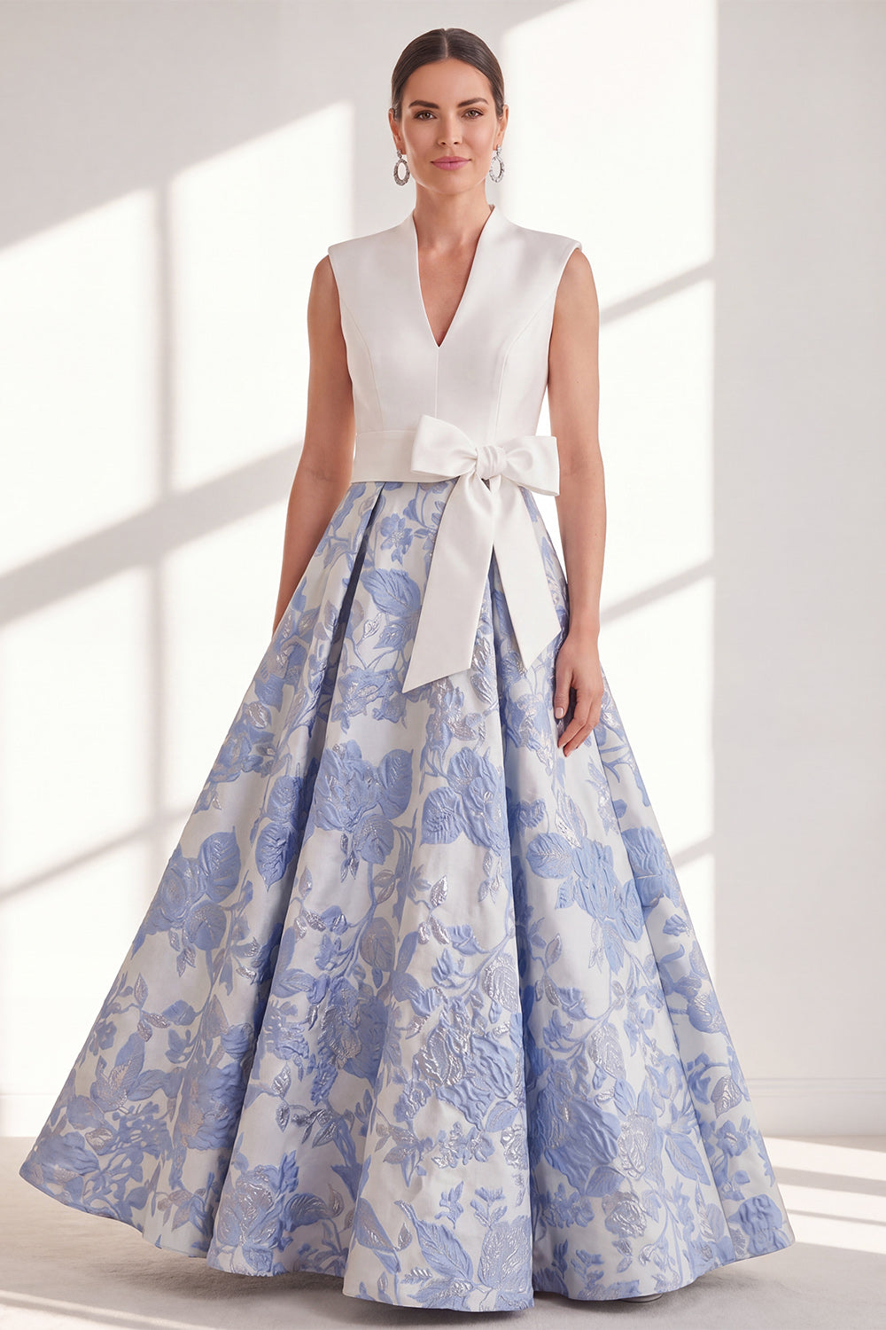 Blue V-Neck Floral A Line Long Mother of the Bride Dress with Bow