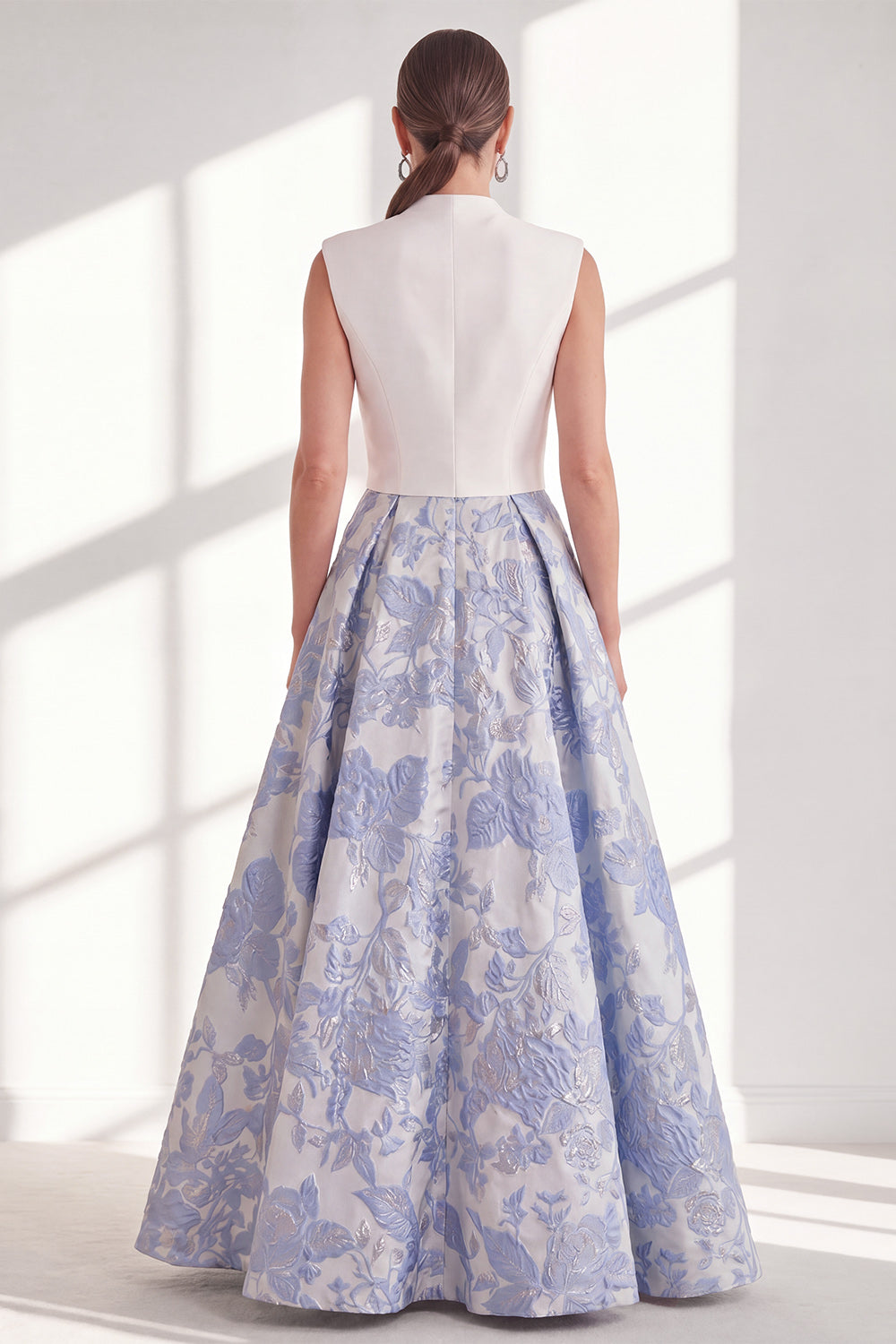 Blue V-Neck Floral A Line Long Mother of the Bride Dress with Bow