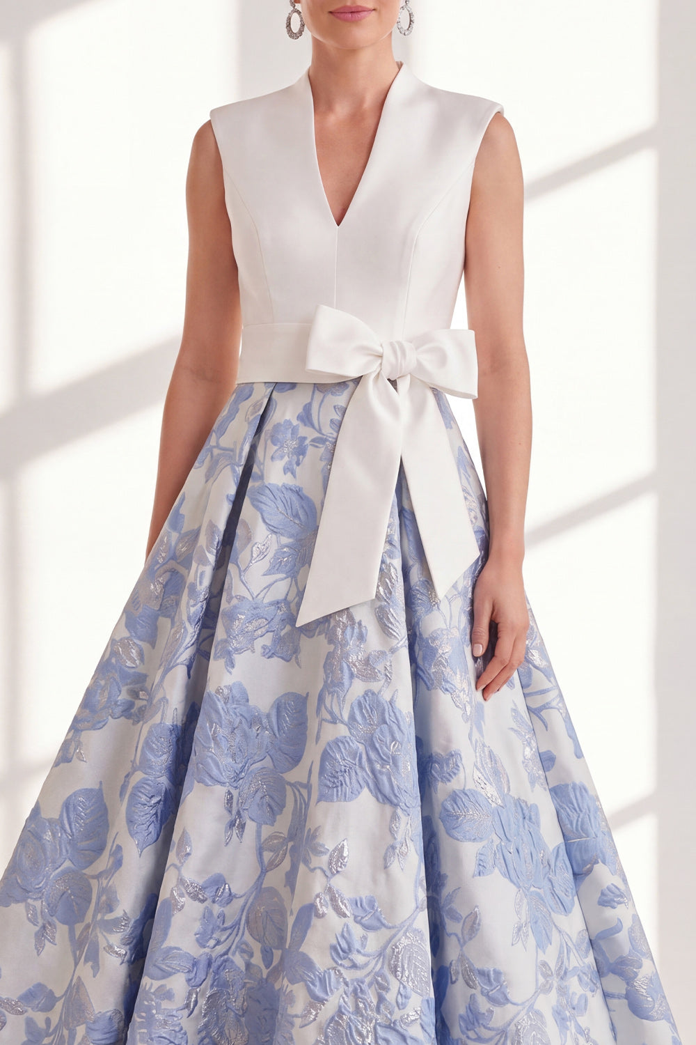 Blue V-Neck Floral A Line Long Mother of the Bride Dress with Bow